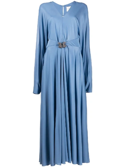 Shop Valentino Rhinestone-embellished Belted Long Dress In Blue