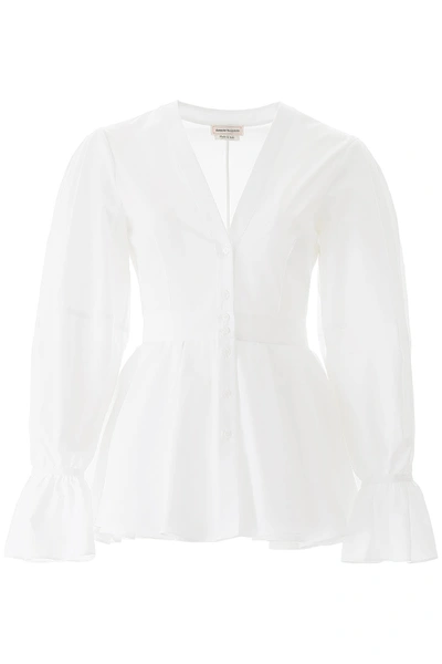 Shop Alexander Mcqueen Peplum Shirt With Puff Sleeves In Opticalwhite (white)