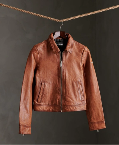 Shop Superdry Women's Cropped Leather Harrington Jacket Tan / Camel