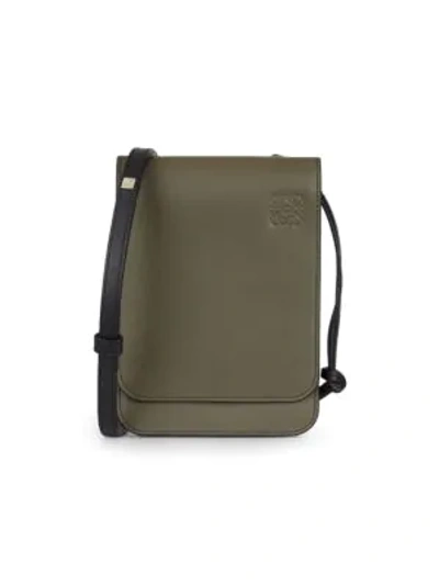 Shop Loewe Men's Gusset Flat Leather Crossbody Bag In Khaki Green