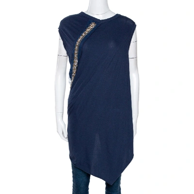 Pre-owned Roberto Cavalli Navy Blue Cotton Embellished Asymmetrical Top M