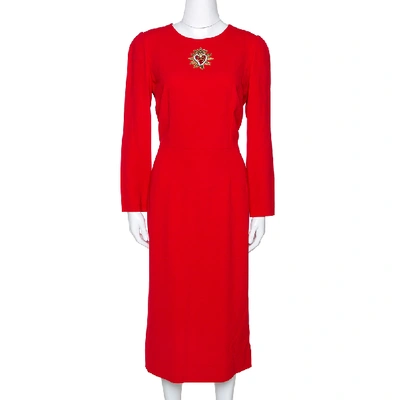 Pre-owned Dolce & Gabbana Red Crepe Heart Logo Embellished Dress L