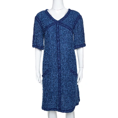 Pre-owned Chanel Blue Boucle Tweed Shift Dress L