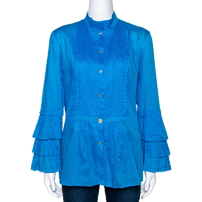 Pre-owned Roberto Cavalli Blue Cotton Tiered Sleeve Pintucked Detail Shirt L