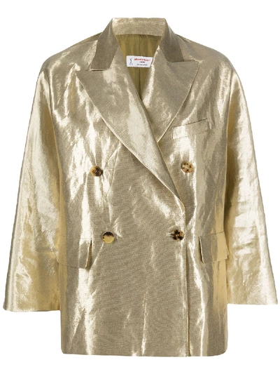 Shop Alberto Biani Cotton Blend Metallic Double-breasted Blazer In Gold