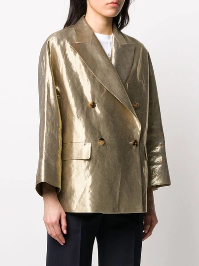 Shop Alberto Biani Cotton Blend Metallic Double-breasted Blazer In Gold
