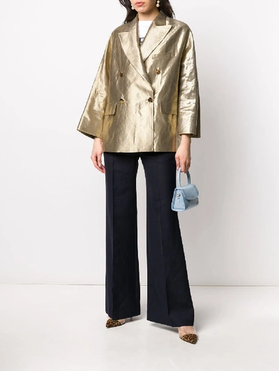 Shop Alberto Biani Cotton Blend Metallic Double-breasted Blazer In Gold