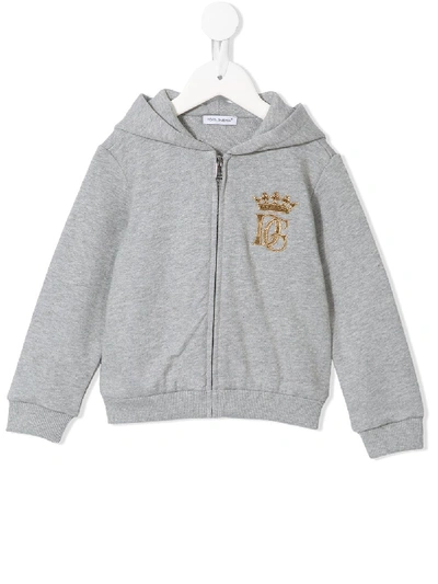 Shop Dolce & Gabbana Embroidered Logo Zip-up Hoodie In Grey