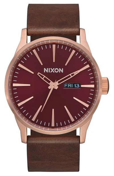 Shop Nixon Sentry Leather Strap Watch, 42mm In Brown/ Burgundy/ Rose Gold