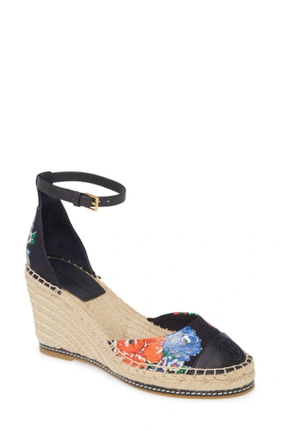 Shop Tory Burch Espadrille Wedge Sandal In Navy Tea Rose / Perfect Navy