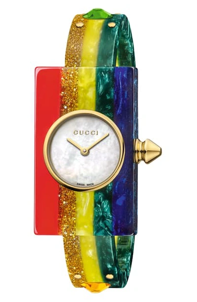 Shop Gucci Plexiglas Bracelet Watch, 24mm X 40mm In Rainbow/ Mop/ Gold