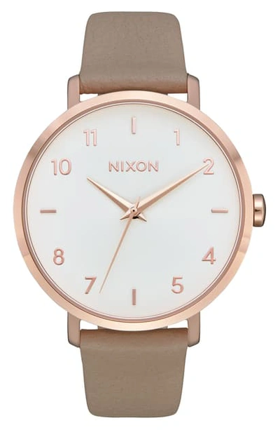 Shop Nixon The Arrow Leather Strap Watch, 38mm In Grey/ White/ Rose Gold