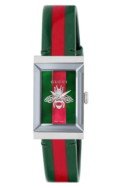 Shop Gucci G-frame Square Leather Strap Watch, 21mm X 34mm In Green/ Red/ Silver
