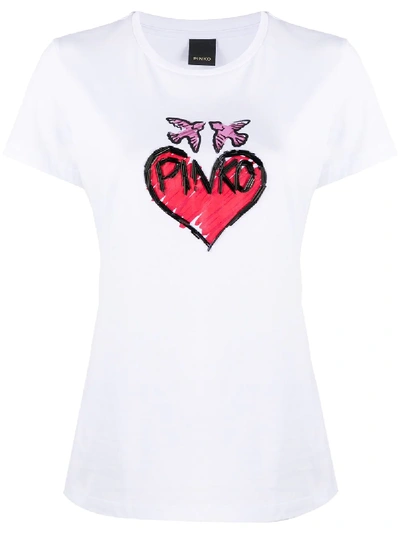 Shop Pinko Heart Embellished Logo T-shirt In White