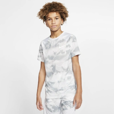 Shop Nike Big Kidsâ Short-sleeve Printed Training Top In Football Grey,white