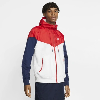 Shop Nike Sportswear Windrunner Hooded Windbreaker In White/university Red/midnight Navy/white