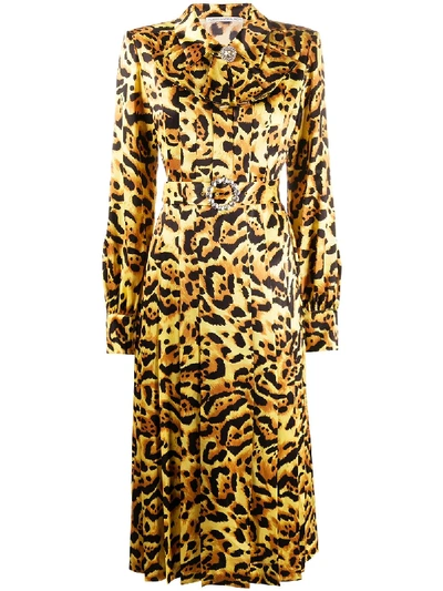 Shop Alessandra Rich Leopard-print Pleated Dress In Brown