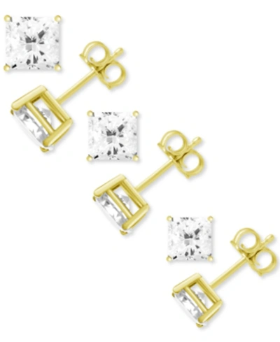 Shop Essentials 3-pc. Set Silver Plated Square Cubic Zirconia Stud Earrings In Gold