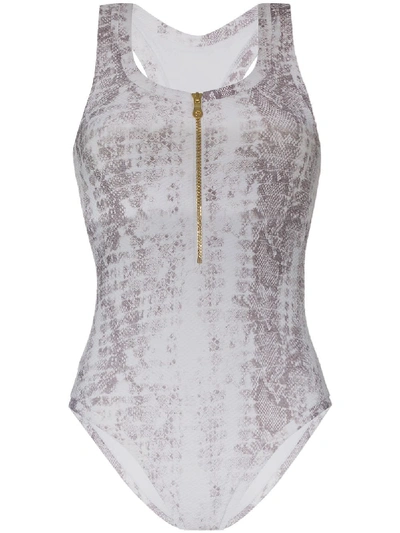 Shop Heidi Klein Zip-up Snake-print Swimsuit In White