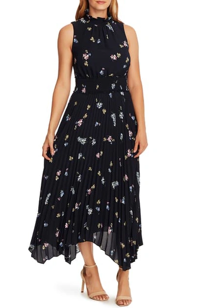 Shop Vince Camuto Romantic Buds Pleated Handkerchief Hem Midi Dress In Night Navy