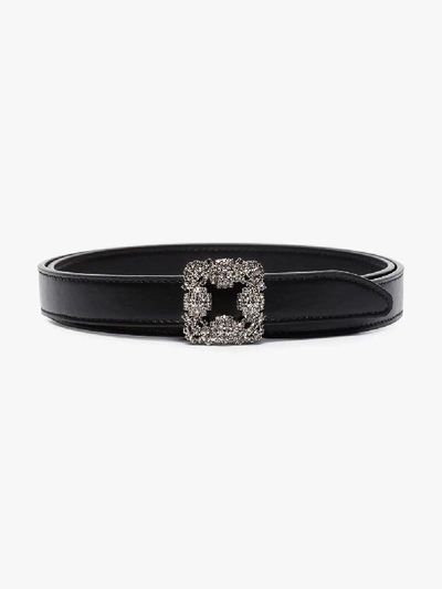 Shop Manolo Blahnik Black Hangisi Crystal Buckle Leather Belt