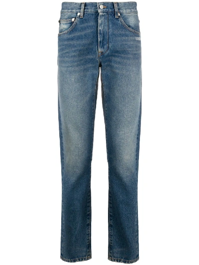 Shop Off-white Slogan-print Slim-fit Jeans In Blue