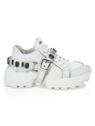 Shop Miu Miu Miu Monstar Jewelled Leather Sneakers In Bianco Fume