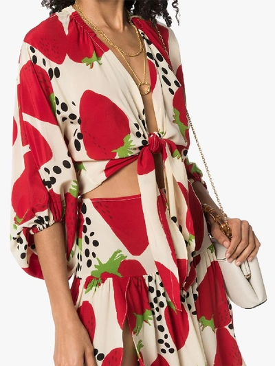 Shop Adriana Degreas Strawberry Print Tie Front Silk Blouse In Red