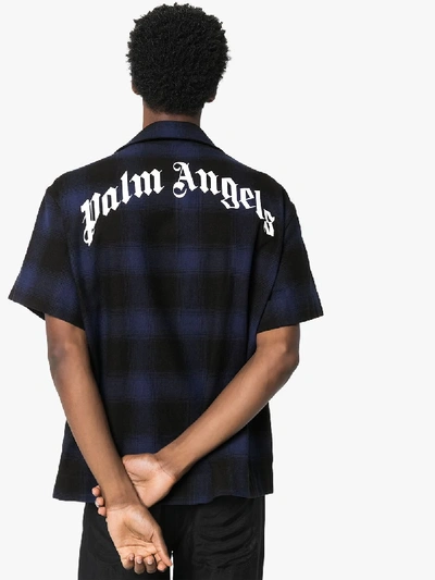 Shop Palm Angels Mens Blue Bear Embroidery Checked Bowling Shirt
