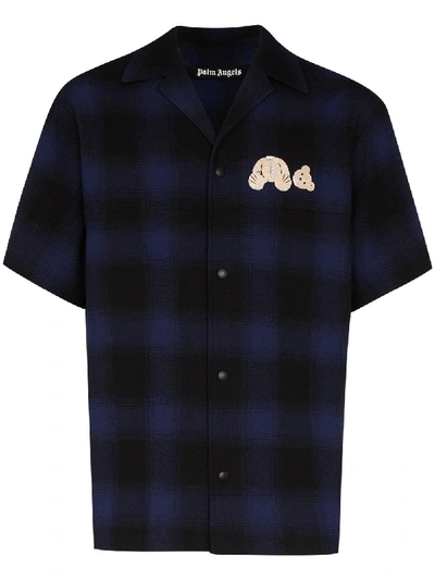 Shop Palm Angels Bear-embroidered Bowling Shirt In Blue