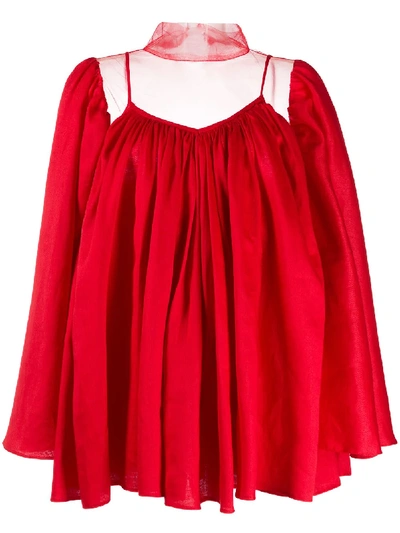 Shop Atu Body Couture Sheer Panel Flared Blouse In Red