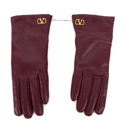 Shop Valentino Vlogo Burgundy Leather Gloves