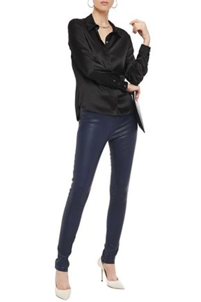 Shop Balenciaga Stretch-leather Skinny Pants In Navy