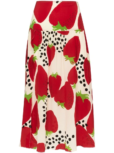 Shop Adriana Degreas Strawberry Print Midi Skirt In Red