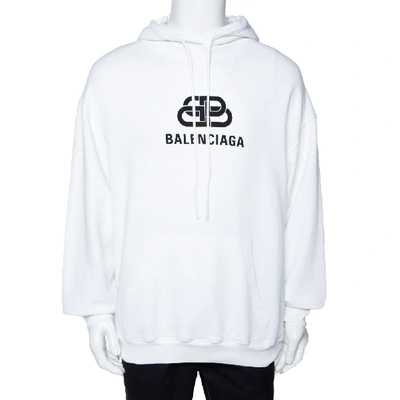 Pre-owned Balenciaga White Bb Logo Print Cotton Hooded Sweatshirt M