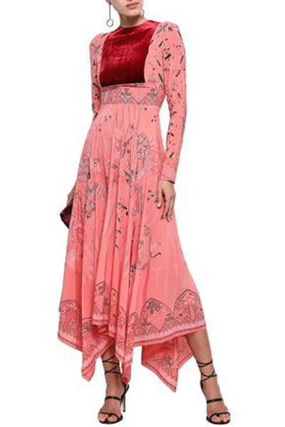 Shop Valentino Velvet-paneled Printed Silk Crepe De Chine Midi Dress In Coral