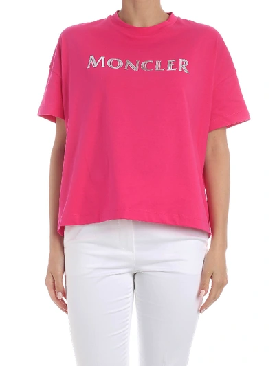 Shop Moncler Oversized T-shirt In Fuchsia With Silver Logo