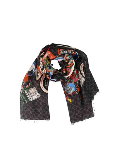 Shop Gucci Wool Scarf With Vintage Print In Black