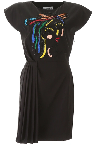 Shop Moschino Embroidered Short Dress In Fantasia Nero (black)