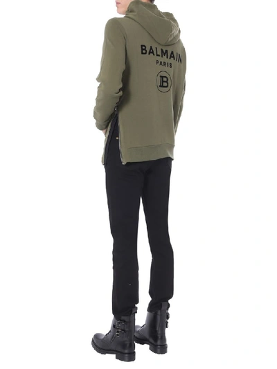 Shop Balmain Zipped Hooded Sweatshirt In Green