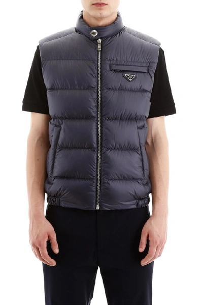 Shop Prada Logo Puffer Gilet In Navy