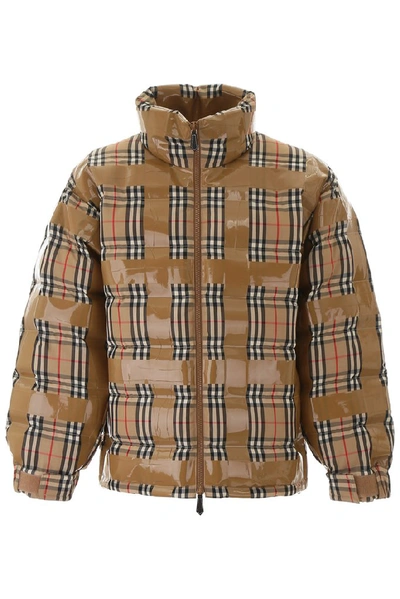 Shop Burberry Checked Puffer Jacket In Beige