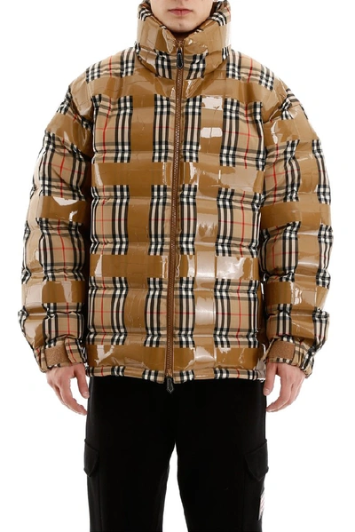 Shop Burberry Checked Puffer Jacket In Beige