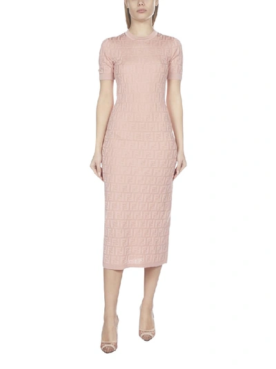 Shop Fendi Ff Knitted Midi Dress In Pink