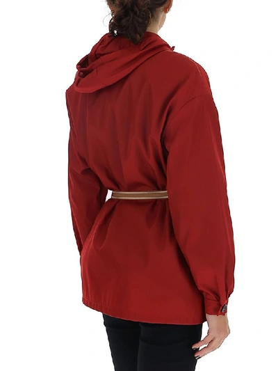 Shop Prada Belted Logo Hooded Jacket In Red