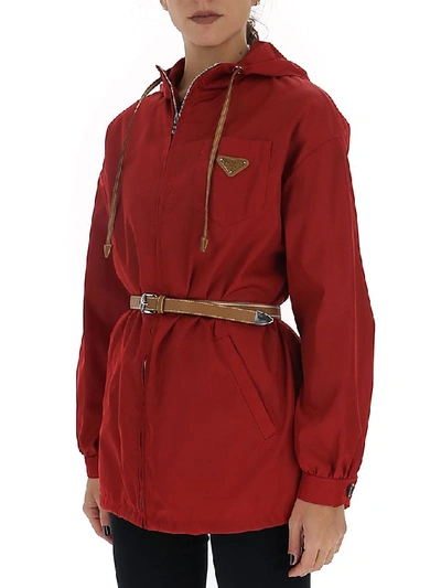 Shop Prada Belted Logo Hooded Jacket In Red