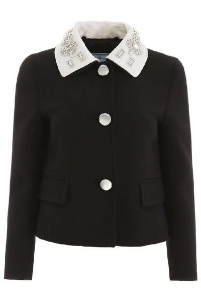 Shop Prada Embellished Collared Jacket In Black