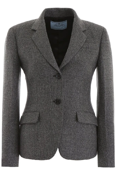 Shop Prada Single Breasted Check Blazer In Grey