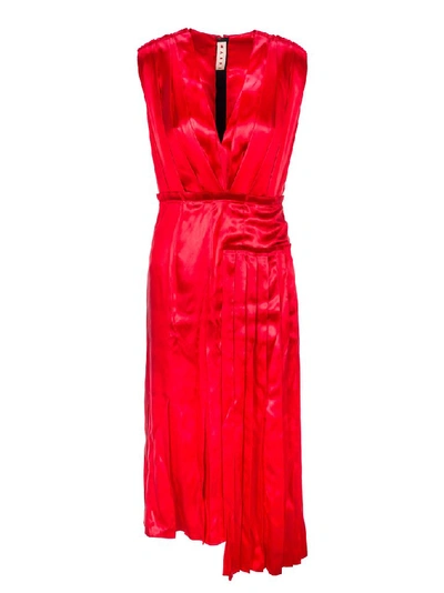 Shop Marni Asymmetric Pleated Dress In Red