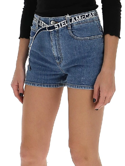 Shop Stella Mccartney Logo Belt Denim Shorts In Blue